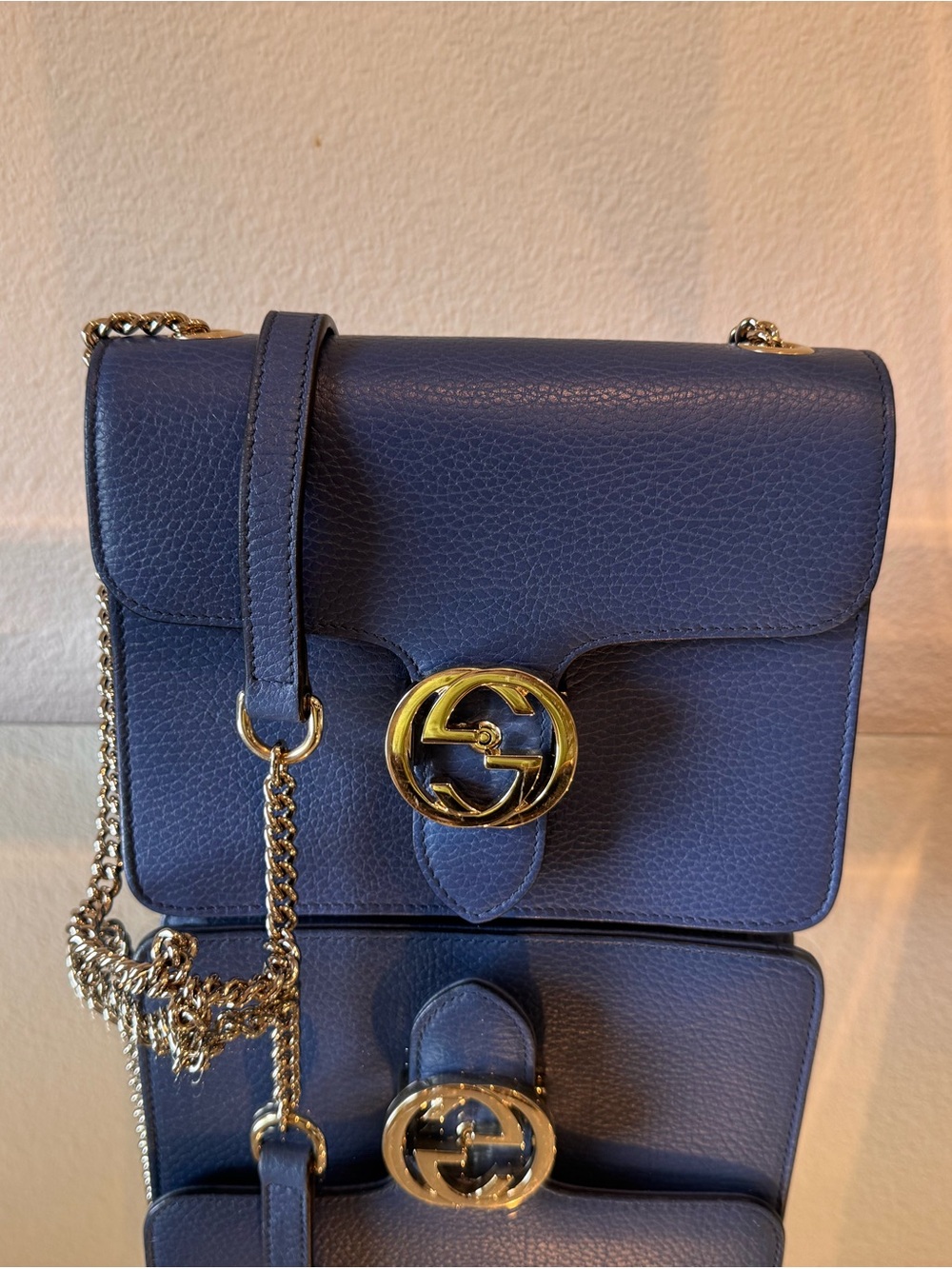 Gucci Navy Blue Pebbled Leather Chain Shoulder Bag with Gold Hardware